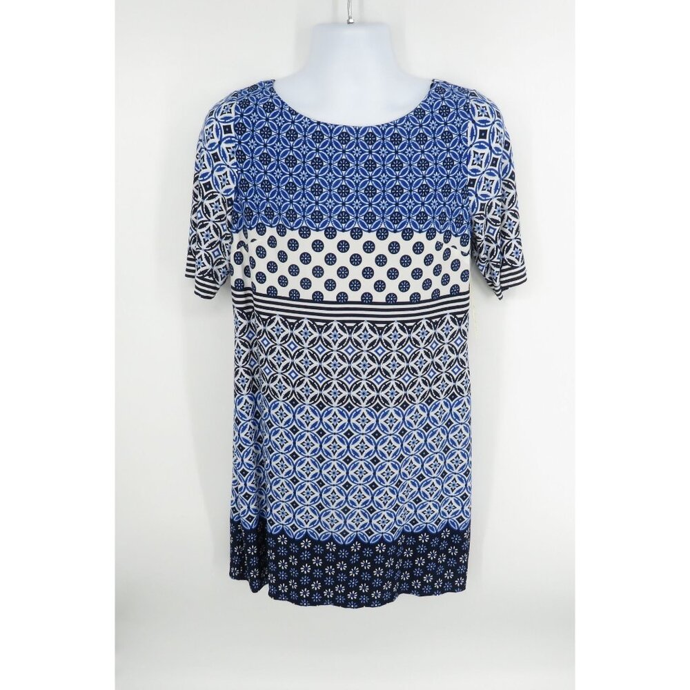 Eliza J Blue White Geometric Pattern Short Sleeve Mini Dress Size 12 NWT $128